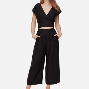 Wilfred Women's 00 Black Brax Jumpsuit Wrap Cut Out Wide Leg Linen Blend Pants